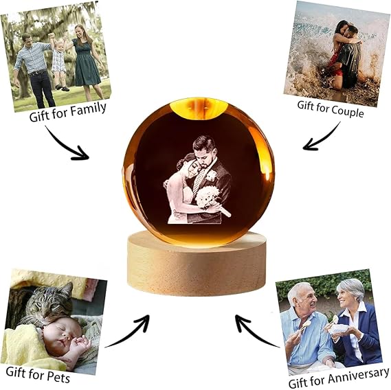 Personalised Crystal Ball with 2D Picture LED Night Light Dog Cat Pet Memorial Gift for Birthday Christmas Birthday Table Frame (8cm)