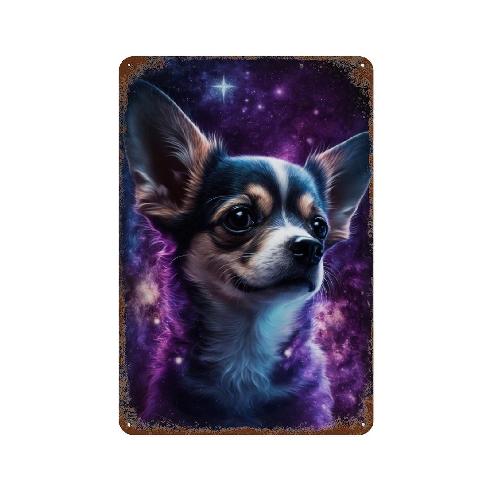 Garage Style Galactic Chihuahua Portrait -5 Rustic Tin Plaque 11.8"x7.9", Vintage Wall Decor for Bar And Workshop