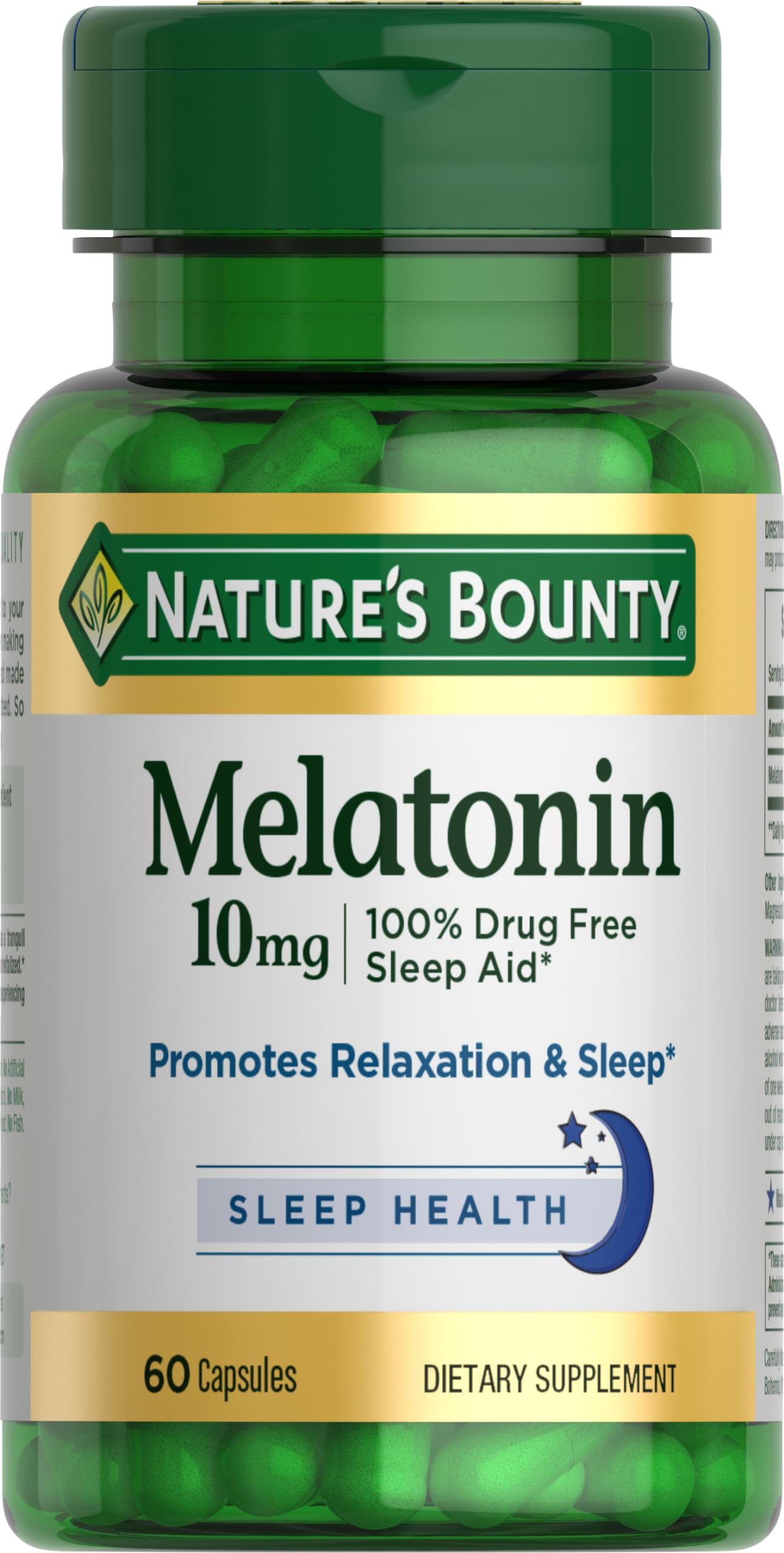 Melatonina Nature's Bounty, suplemento dietético para dormir 100 % libre de fármacos, 10 mg, 60 comprimidos