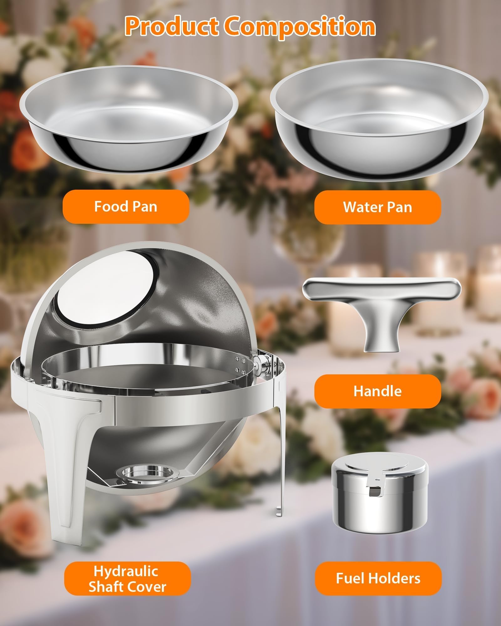 Chafing Dish Redondo 6L, Calentador de Comida con Tapa Enrollable y Ventana de Vidrio, Set de Catering Acero Inoxidable para Buffet y Banquetes, Soporte Combustible, Plateado