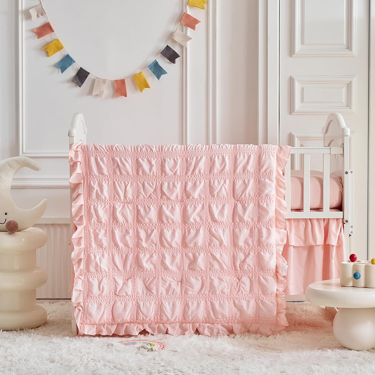 Ruffled Crib Bedding Set Baby Boho Quilted Comforter with Fitted Sheet and Bed Skirt - Cute Soft Breathable Seersucker Ruffled Shabby Chic Bedding Soft Blanket Design - Light Pink