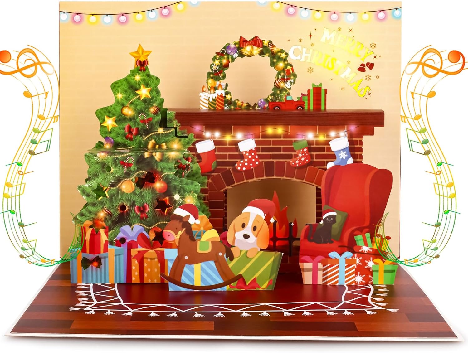 3D Pop Out Christmas Cards with Light and Music Wish You a Merry Christmas Pop Out Greeting Card for Kid Family Friends Children Fireplace Xmas Holiday Party Craft Supplies