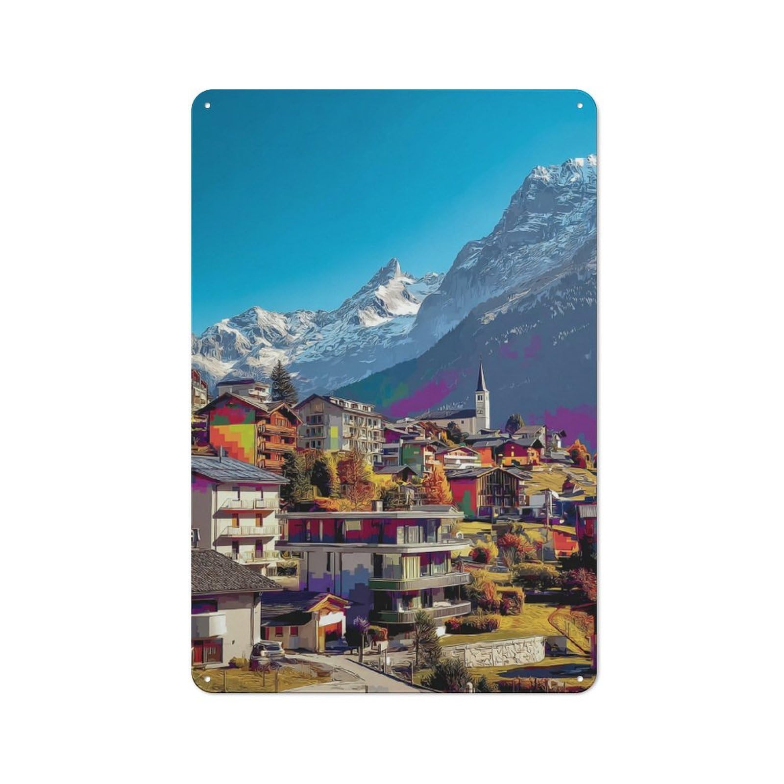 Junmoney Mountain Village With Snow-Capped Peaks -1 Country Metal Sign With Design 30X20cm, Farmhouse Farmhouse Wall Decor For Kitchen, Cottage, Porch Or Garden Room