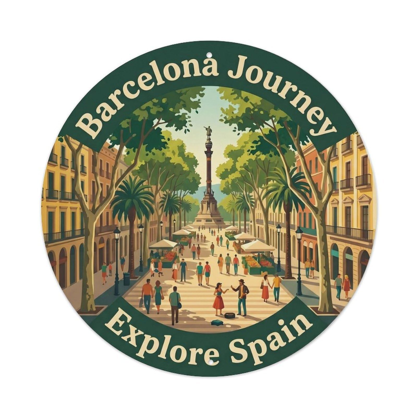 Classic Barcelona Cityscape La Rambla Travel Heritage Metal Tin Sign Plaque Wall Decor for Cafe, Man Cave, Club Bar, Office, Home Garden Round Metal Poster 8x8Inch
