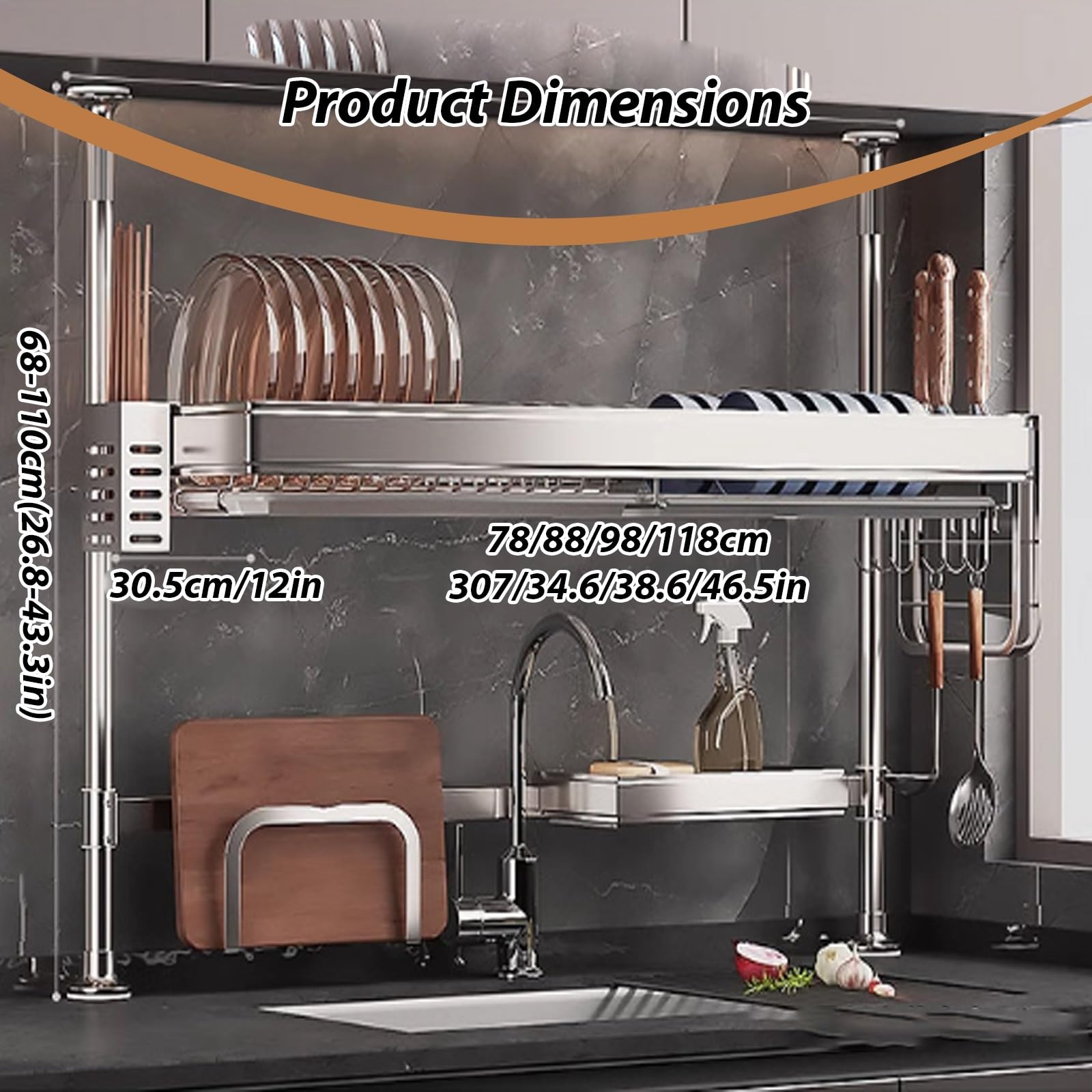 Ampio ripiano da Cucina in Acciaio Inox Regolabile in Altezza con Elevata capacità: scolapiatti, scolapiatti e ripiano portaoggetti per Ciotole e Piatti (1 Livello 11
