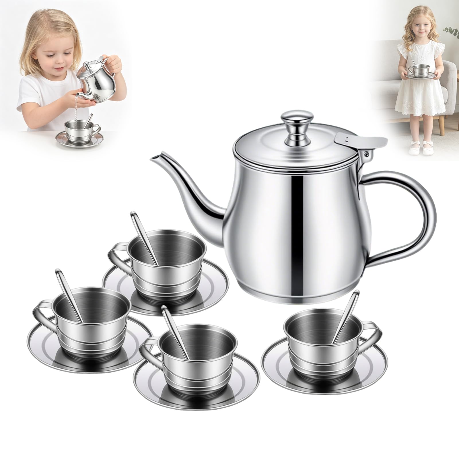 13 PCs Kids Tea Set for Girls, Stainless Steel Kids Metal Tea Set (13PCS)
