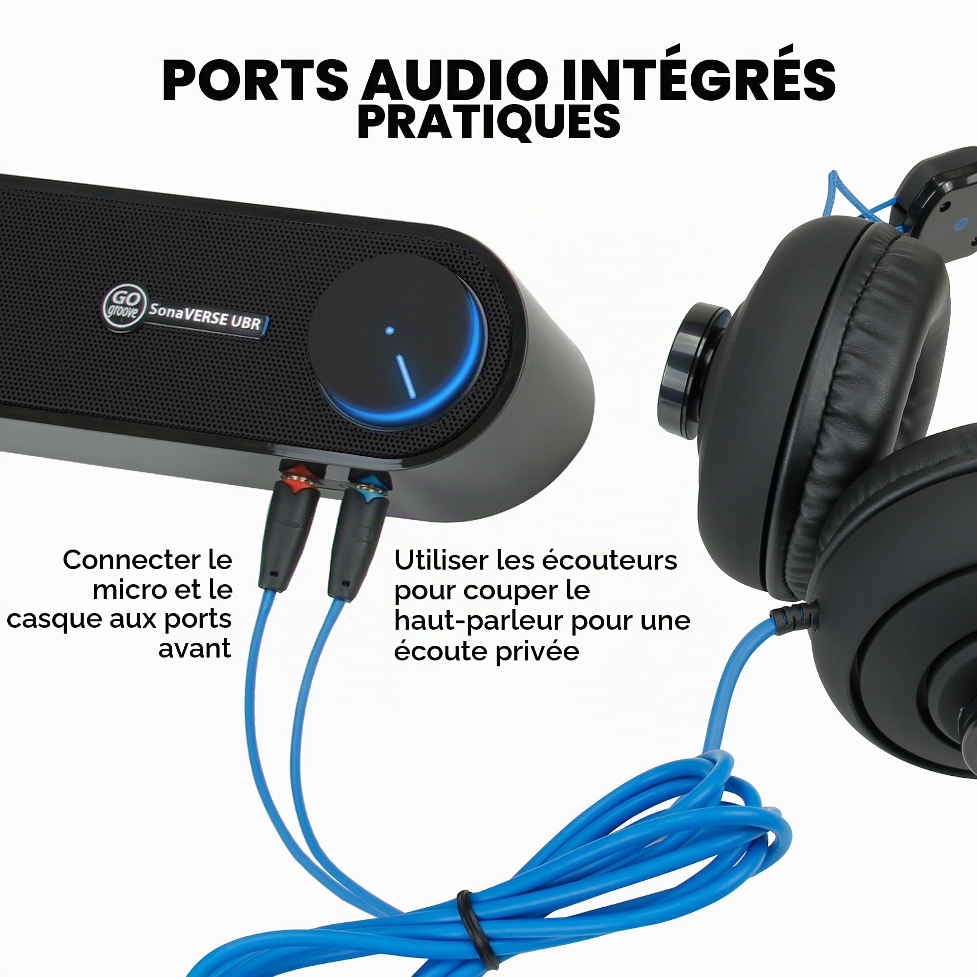 GOgroove Barre de son pour PC - Haut-parleur stéréo portable 2.0 avec ports audio intégrés, bouton d'alimentation LED éclairé, alimentation USB, pour PC, ordinateurs portables et ordinateurs portables