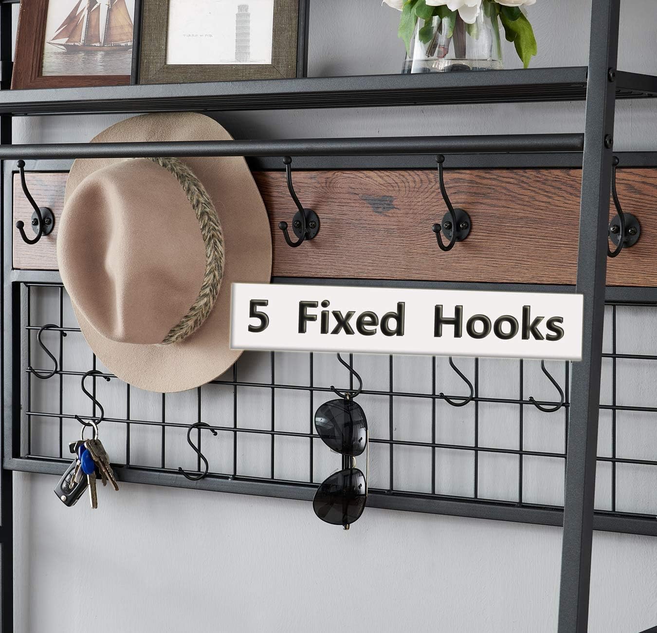 O&K FURNITURE 5-In-1 Hall Trees with Bench and Coat Rack, Entryway Organizer Hall Tree with Storage Bench, Mudroom Bench with Storage and Hooks, Brown Finish : Home & Kitchen