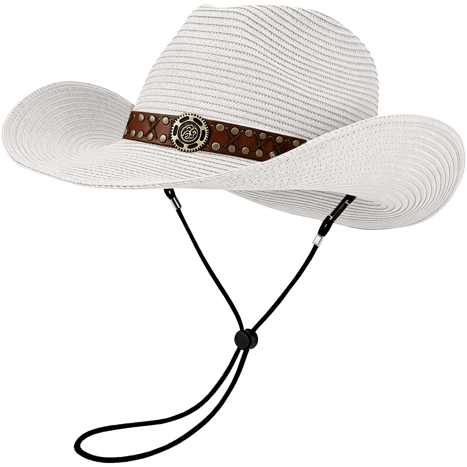 HEYANN Chapeau de cowboy en paille pour homme et femme - Chapeau de soleil pliable - Coupe-vent - Avec mentonnière - Respirant - Protection UV - Pour plage, jardin et extérieur