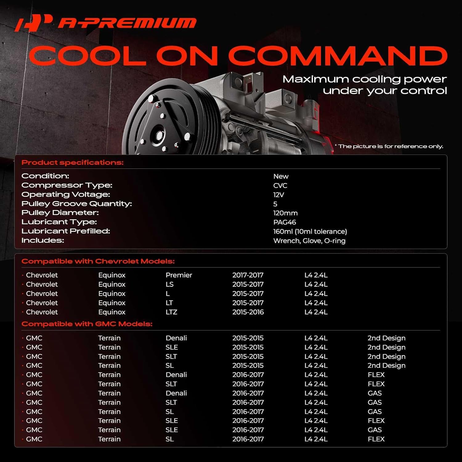 A-Premium Air Conditioner AC Compressor with Clutch Compatible with Chevrolet Equinox & GMC Terrain, 2015 2016 2017, 2.4L