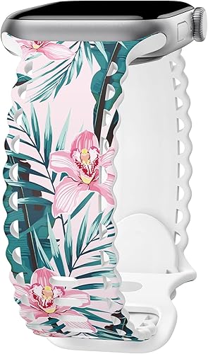 Miniatura 7 de Compatible con Apple Watch Band de 41mm 40mm 38mm 49mm 45mm 44mm 42mm para Mujeres Niñas, Correas Deportivas de Silicona Suave con Estampado Floral