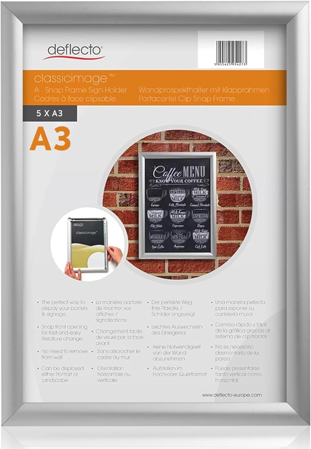 Deflecto Pk 5 x A3 Snap Frame Silver - Aluminium Clip Frames - Wall Mount Picture Frames - Posters Display Holder - Front Opening Picture Frame Clips