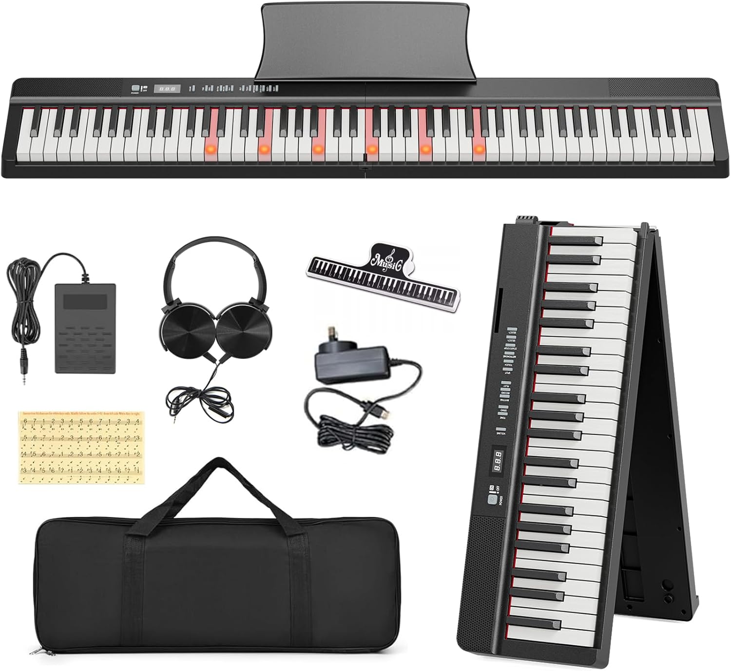 UMOMO 88 Key Folding Digital Piano, Full Size Keyboard Piano with MIDI, Electric Portable Piano for Beginner with Sustain Pedal, Carrying Bag, Piano, Earphone, Microphone, Black