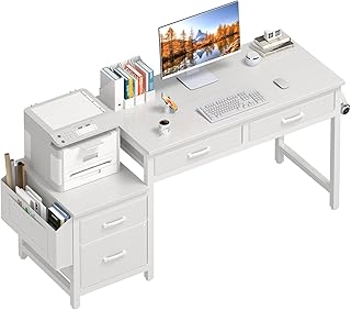 Lufeiya White Computer Desk with Fabric File Drawers Cabinet, 57 Inch Home Office Desks with Reversible Filing Cabinet Printer Stand for Small Space, Study Writing Table PC Vanity Desks, White