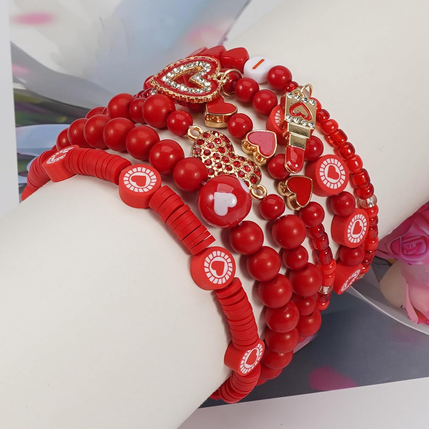 Lonext Beaded Stretch Bracelet for Women, Boho Y2k Style, St. Patrick's Day Valentine's Day Theme, 7.0 Inch, Clay Material - Image 4