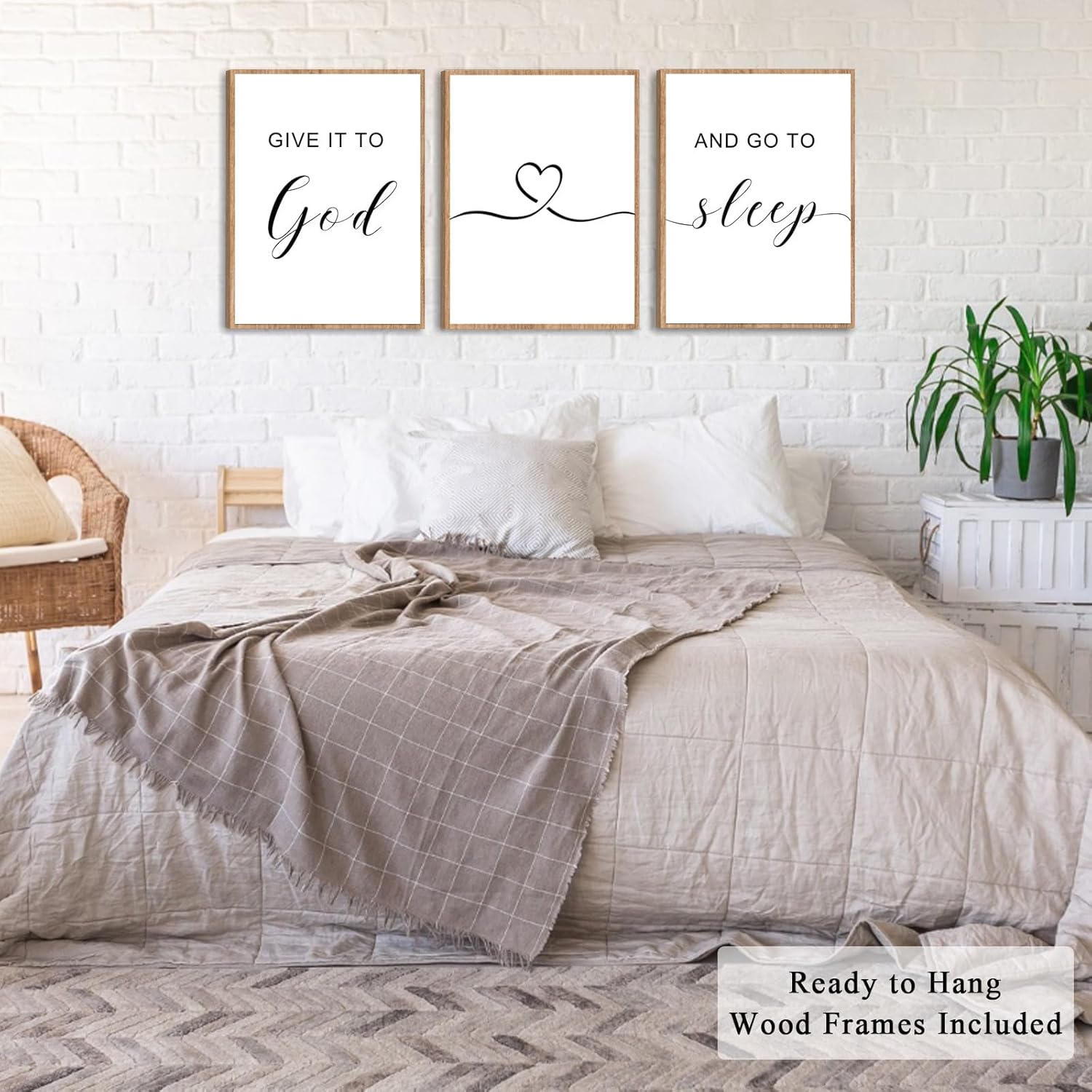 WALTSOM Farmhouse Bedroom Wall Art, 'Give it to God and Go to Sleep' Signs (Set of 3, 12x16 inches, Framed, Brown)