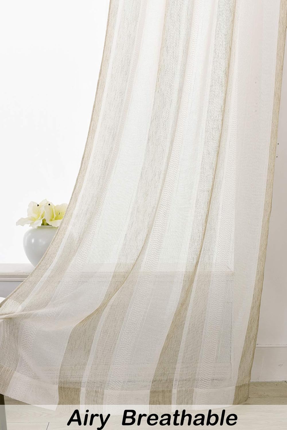 Central Park Beige and White Stripe Sheer Curtains Boucle Linen Farmhouse Rustic Window Curtain Panel Yarn Dyed Woven 84 Inches Long for Living Room Bedroom with Rod Pocket, 40" W x 84" L (Pack of 2)