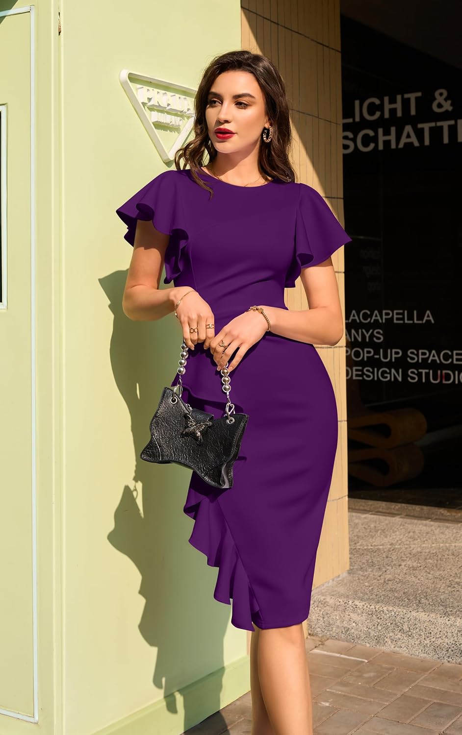 Memoriesea Women's Vintage Church Ruffle Sleeve Ruched Bodycon Work Midi Pencil Dress - Image 5