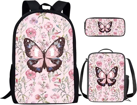 Pink Butterfly 3Pcs Girls Backpack for School with Lunch Bag Pen Bag Set School Backpack Kids Backpack for Boys Girls Portable Lunch Bag Multifunctional Pencil Case