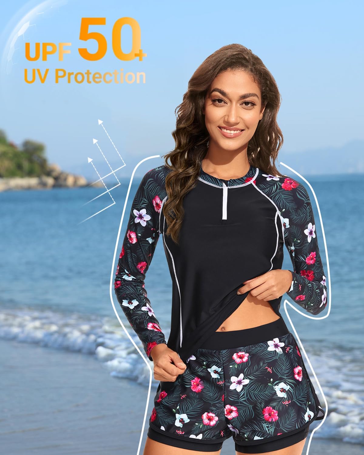 Long Sleeve Rash Guard for Women - 2 Piece Swimsuit with Shorts Zip Up Swim Shirt with Built-in Bra - Image 2