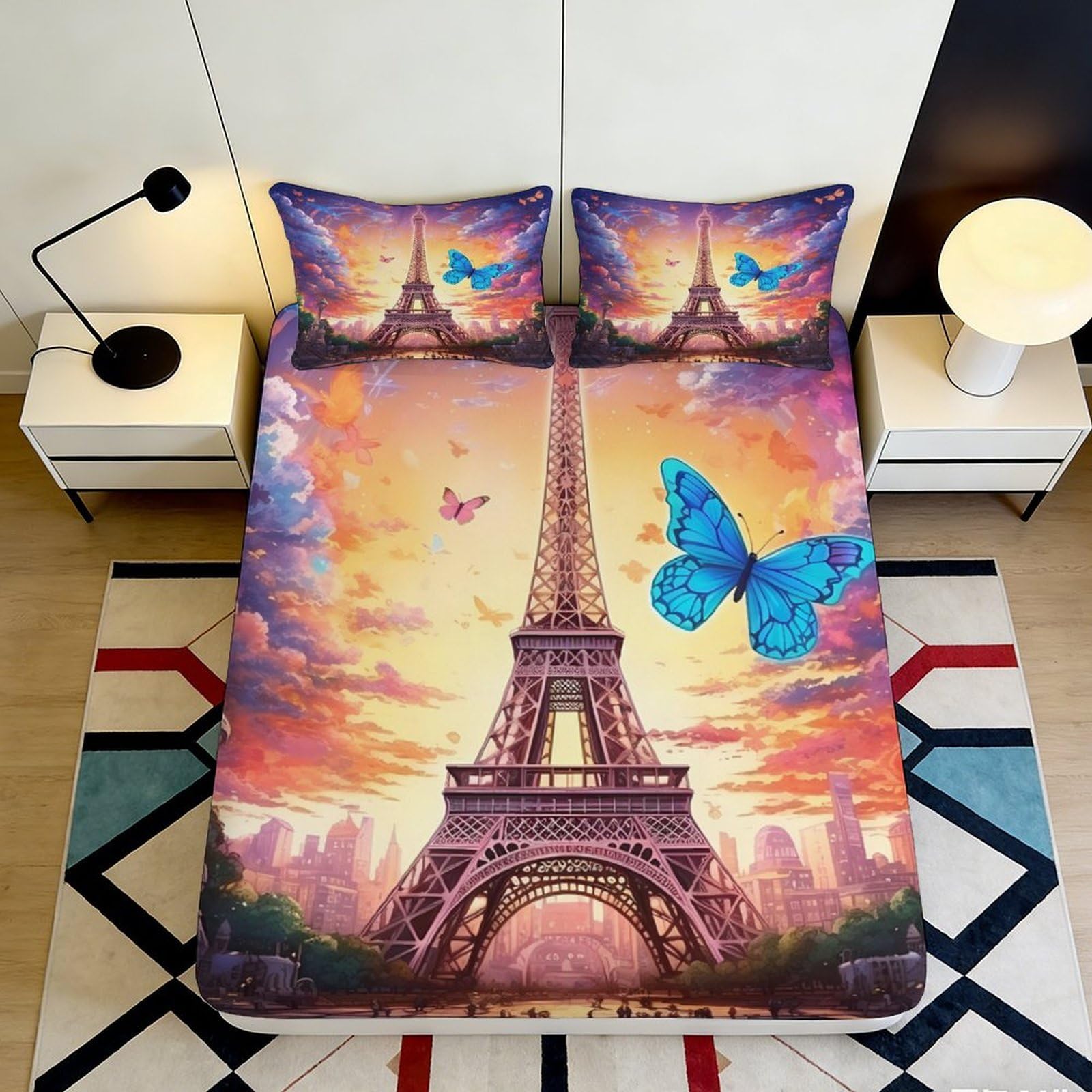 3D Printed Eiffel Tower Butterfly Fitted Sheet Microfiber Elastic Hem Bedroom Bedding Eiffel Mattress Fitted Cover Deep Pocket for Adults 180x200x25cm