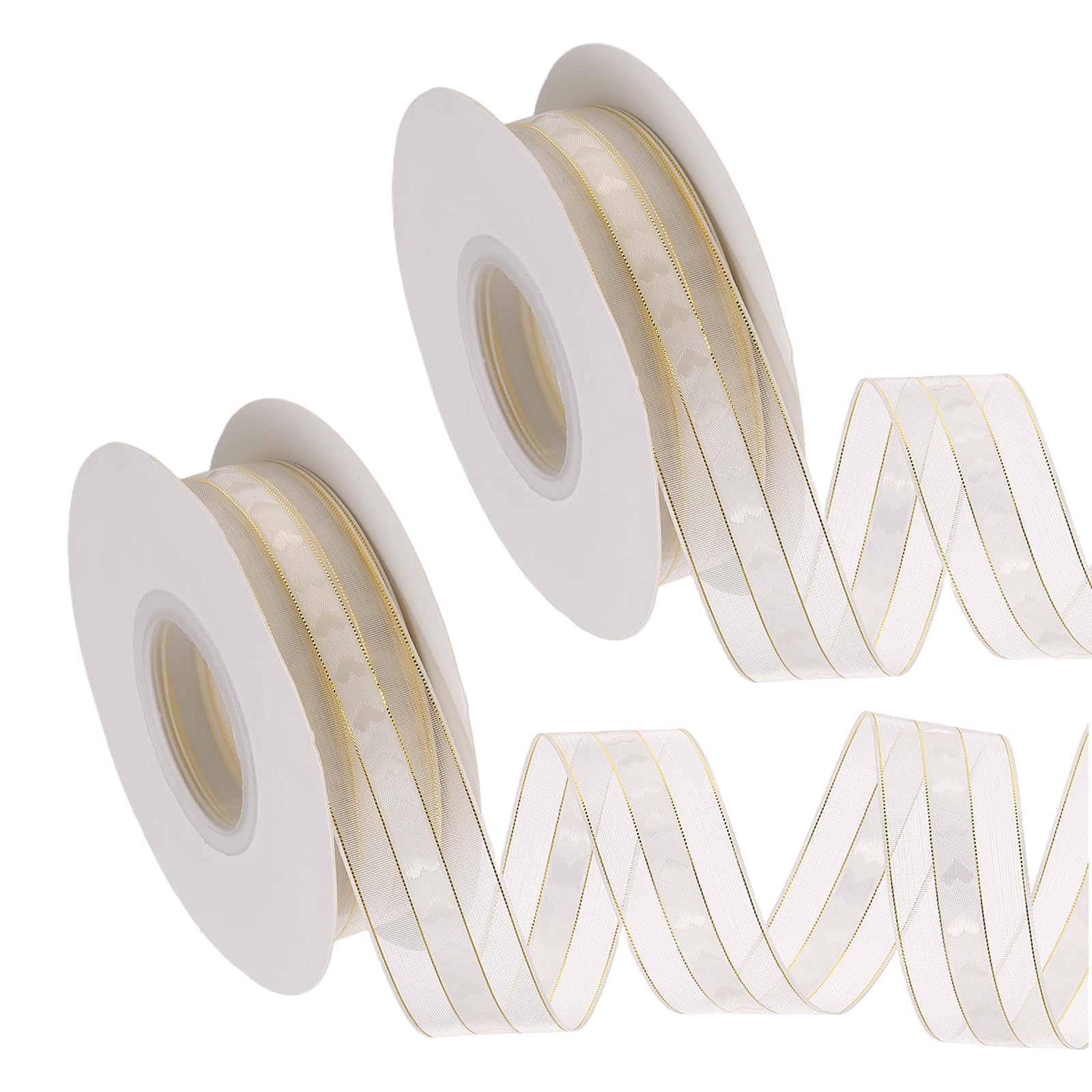 DEFANEX 2pcs Sheer Organza Ribbon (2.2cm x 22 Meters) - Love Heart with Chiffon Yarn Silk Ribbon Edge, for Gift Wrapping Wedding Birthday Bouquet Crafts DIY Decor, Beige