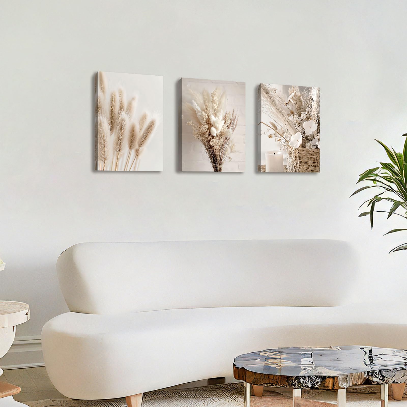 3 Pcs Wooden Framed Canvas Wall Art Canvas Prints Boho Beige Pampas Grass Painting Nordic Flower Sage Dried Grass Plants Pictures for Living Room Bedroom Bathroom Hallway Wall Decor 40x60 cm x3pcs - Image 3