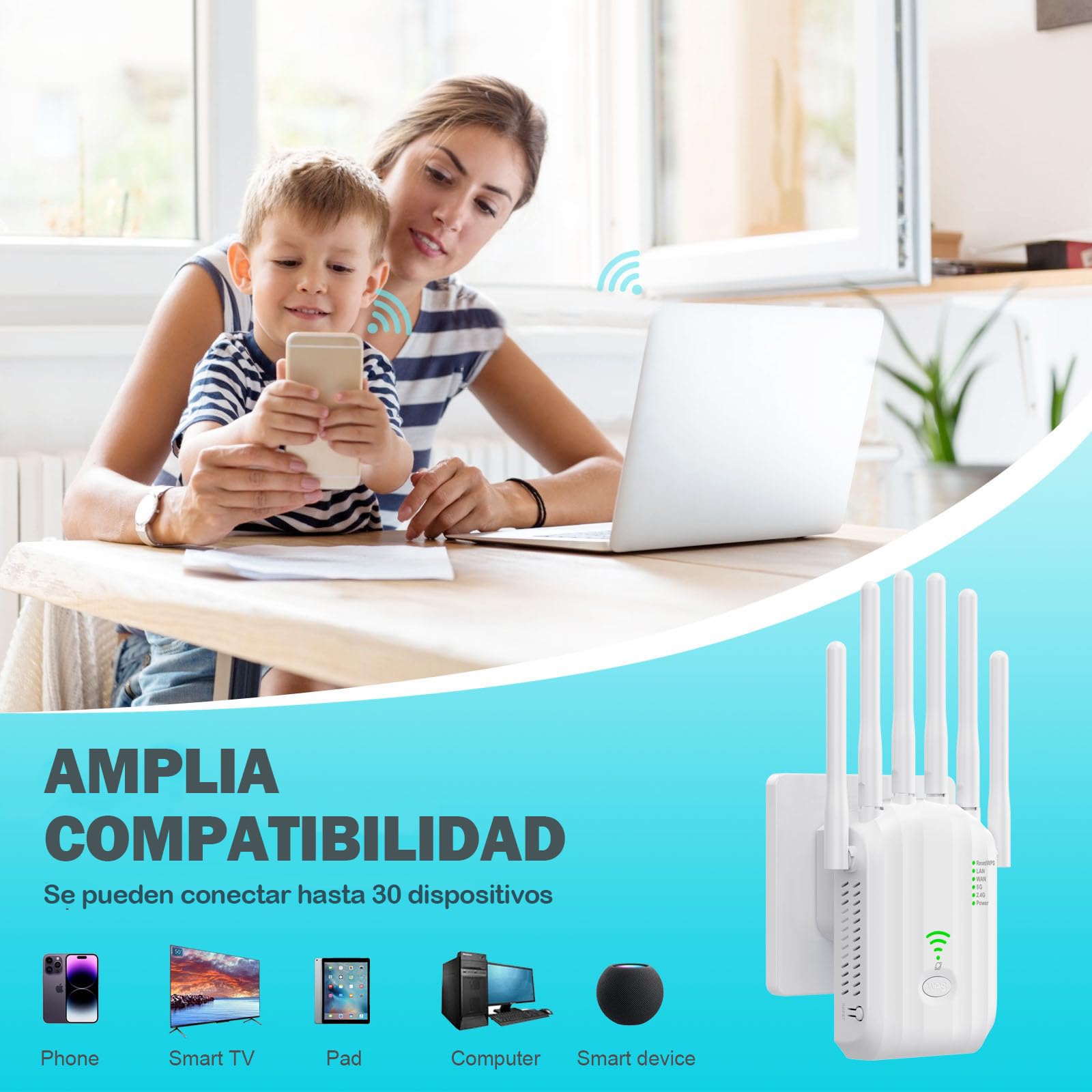Repetidor WiFi Potente con 6 Antenas, Amplificador Señal WiFi Largo Alcance, 2 Puertos LAN, Extensor WiFi, Repetidor/Router/Ap Modos, Cobertura de hasta 300 m², para hogar y Oficina - 4