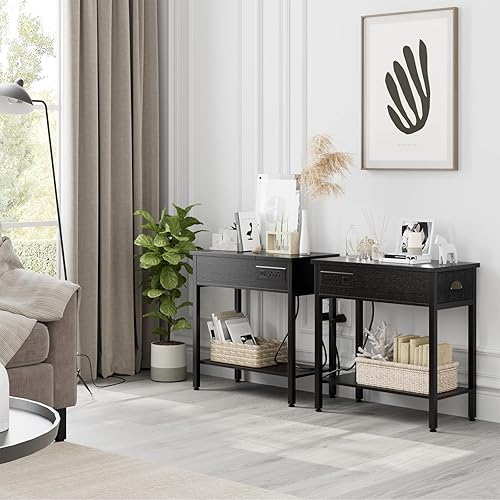 Alkmaar Mesa auxiliar con estación de carga mesa auxiliar y mesita de noche con puertos USB y tomacorrientes mesa auxiliar estrecha con cajón bolsa