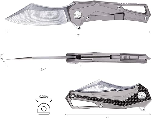 Miniatura 2 de Dispatch Cuchillo plegable de bolsillo de Damasco, mango de titanio TC4 con revestimiento de fibra de carbono, ligero de 4 pulgadas con funda