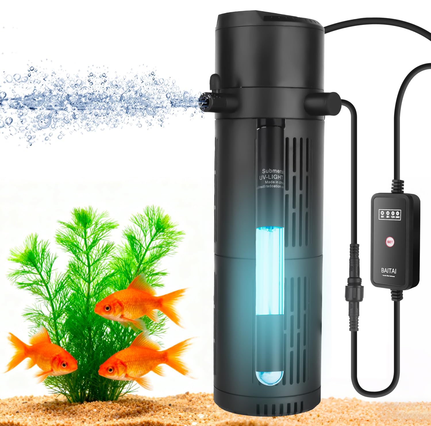 Aquarium before and after using the BAITAI UV filter, showing a transition from cloudy green water to crystal clear water.