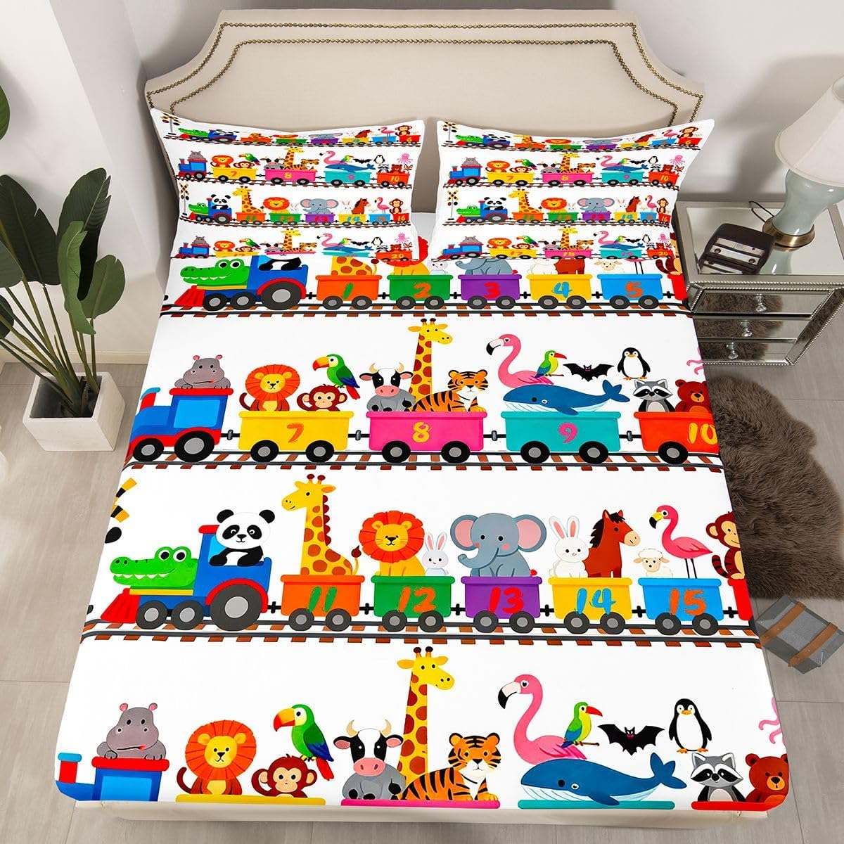 Erosebridal Zoo Animals Full Fitted Sheet for Kids Toddler Cartoon Train Sheets, Cute Steam Engine Bed Sheets Giraffe Lion Elephant Bed Cover, Number One to Twenty Bed Set (Deep Pocket)