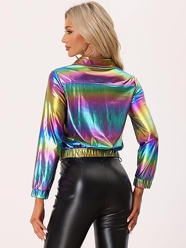 Miniatura 4 de Allegra K Chaqueta metálica holográfica brillante para mujer, manga larga, ligera, con cremallera