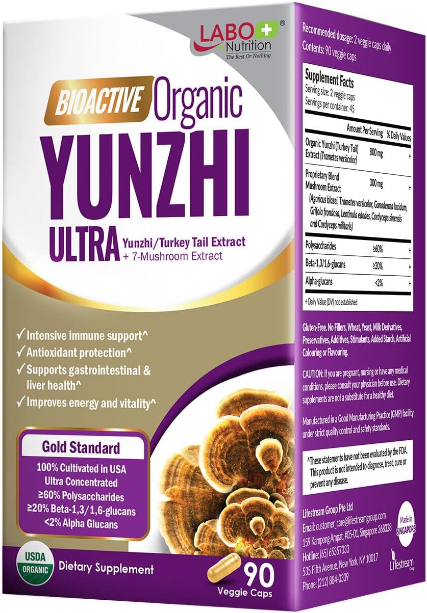 LABO Nutrition Bioactive Organic Yunzhi/Turkey Tail Ultra - 7 Mushroom Extract Supplement, Turkey Tail Cordyceps Maitake Reishi Agaricus blazei Shiitake for Immunity No Fillers Vegan USDA Organic