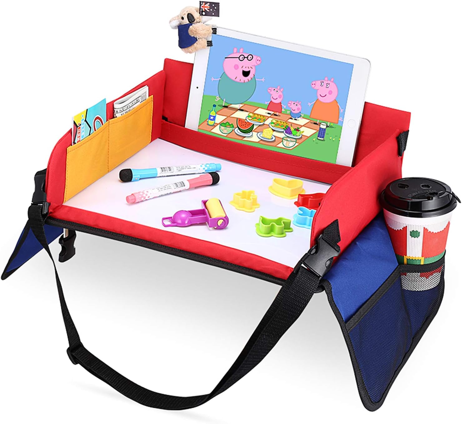 Snack & Play Travel Tray - Child Play Lap Tray with Dry Erasable Top + 6 Mark Pens with Strong Buckles Mesh Pockets Organiser Bag Car Activity Trays Toy Organiser for Auto Stroller Pushchair Sofa