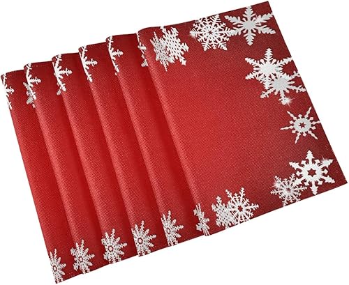 Miniatura 9 de Bolaz Juego de 4 manteles individuales abstractos con diseño de copo de nieve rojo de Navidad, lavables, para cocina, comedor, decoración de mesa