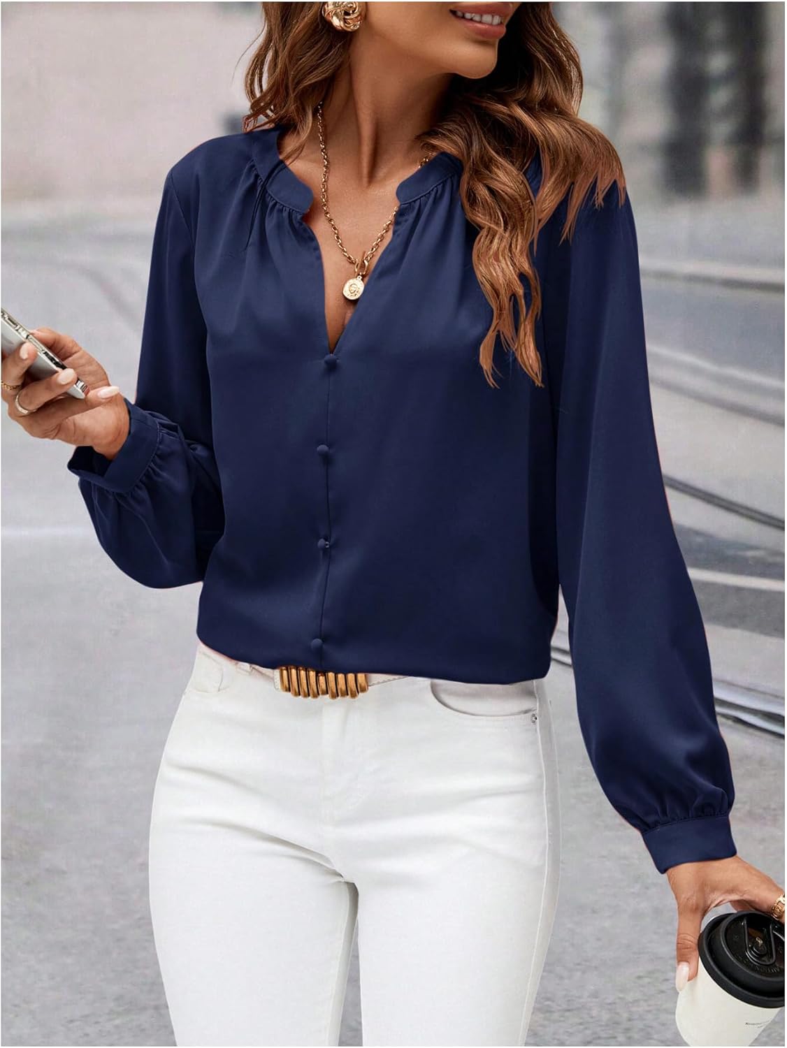 Women's Long Sleeve Dressy Casual Blouses Elegant Button Front Notch Neck Shirts Business Casual Tops - Image 4