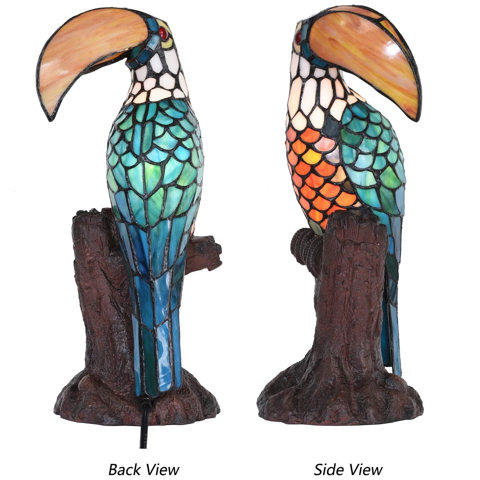 Bieye L30813 Lampada da tavolo decorativa in vetro colorato in stile Tiffany con tucano su tronco d'albero, luce notturna. Altezza 16,25 pollici