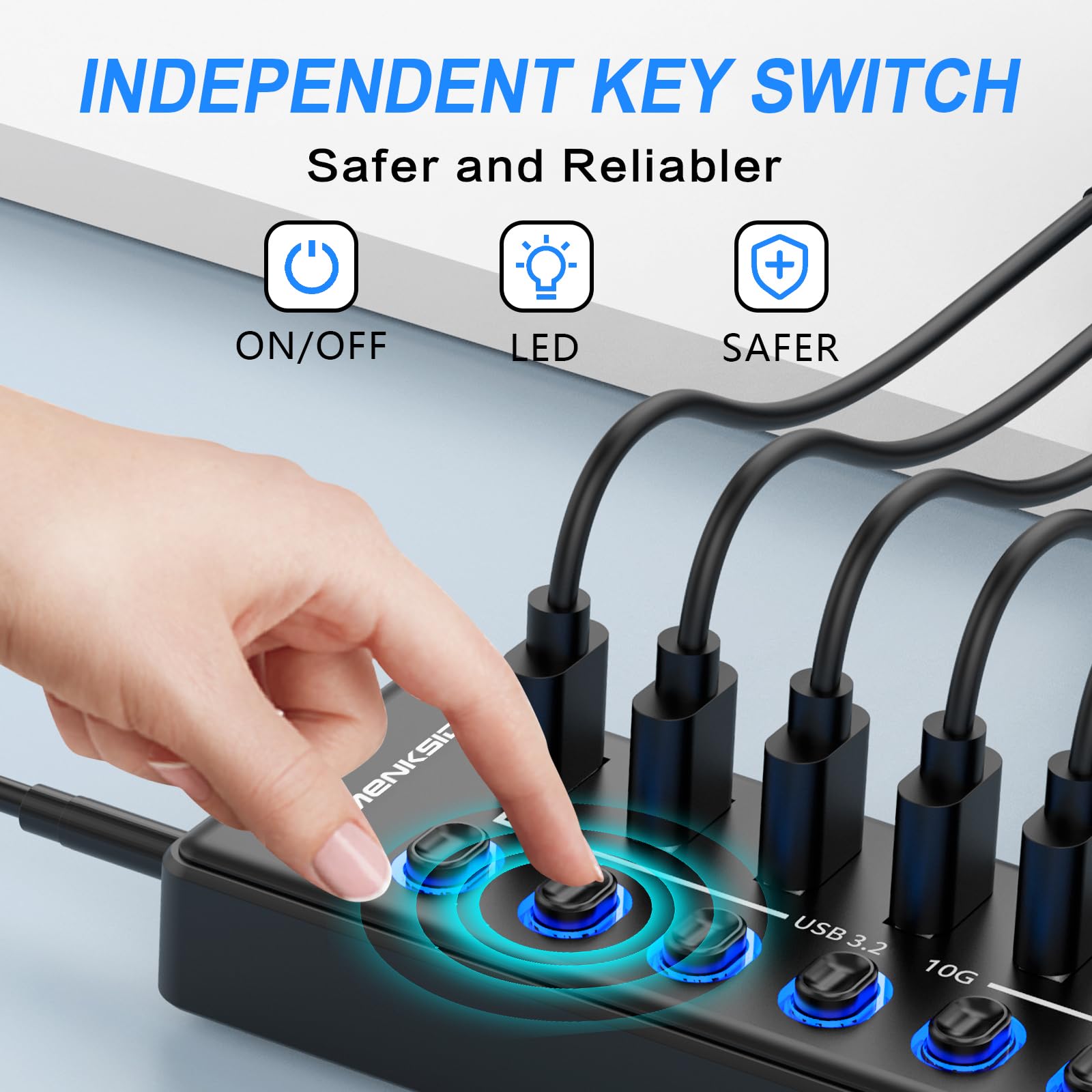 MENKSID - Hub USB alimentato a 11 porte, 7 porte di trasferimento dati USB 3.2 + 4 porte di ricarica intelligenti, interruttore indipendente (con indicatore di alimentazione LED), hub USB 3.2
