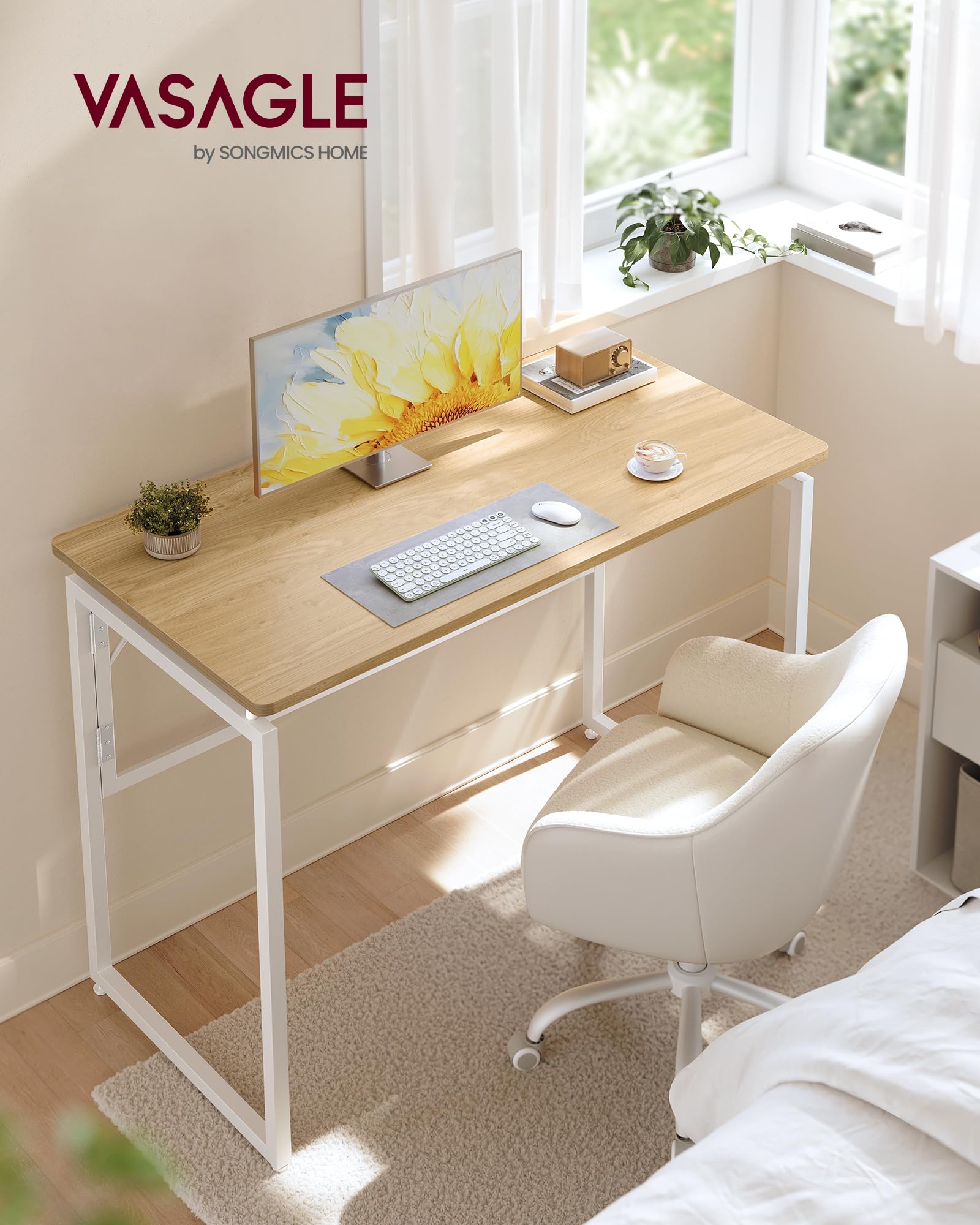 VASAGLE Scrivania per Computer Pieghevole, Piano in Unico Pezzo, Angoli Arrotondati, Tavolo da Ufficio, Camera da Letto Balcone Campeggio, Facile da Montare, 100 x 50 cm, Rovere Naturale LWD152YD01