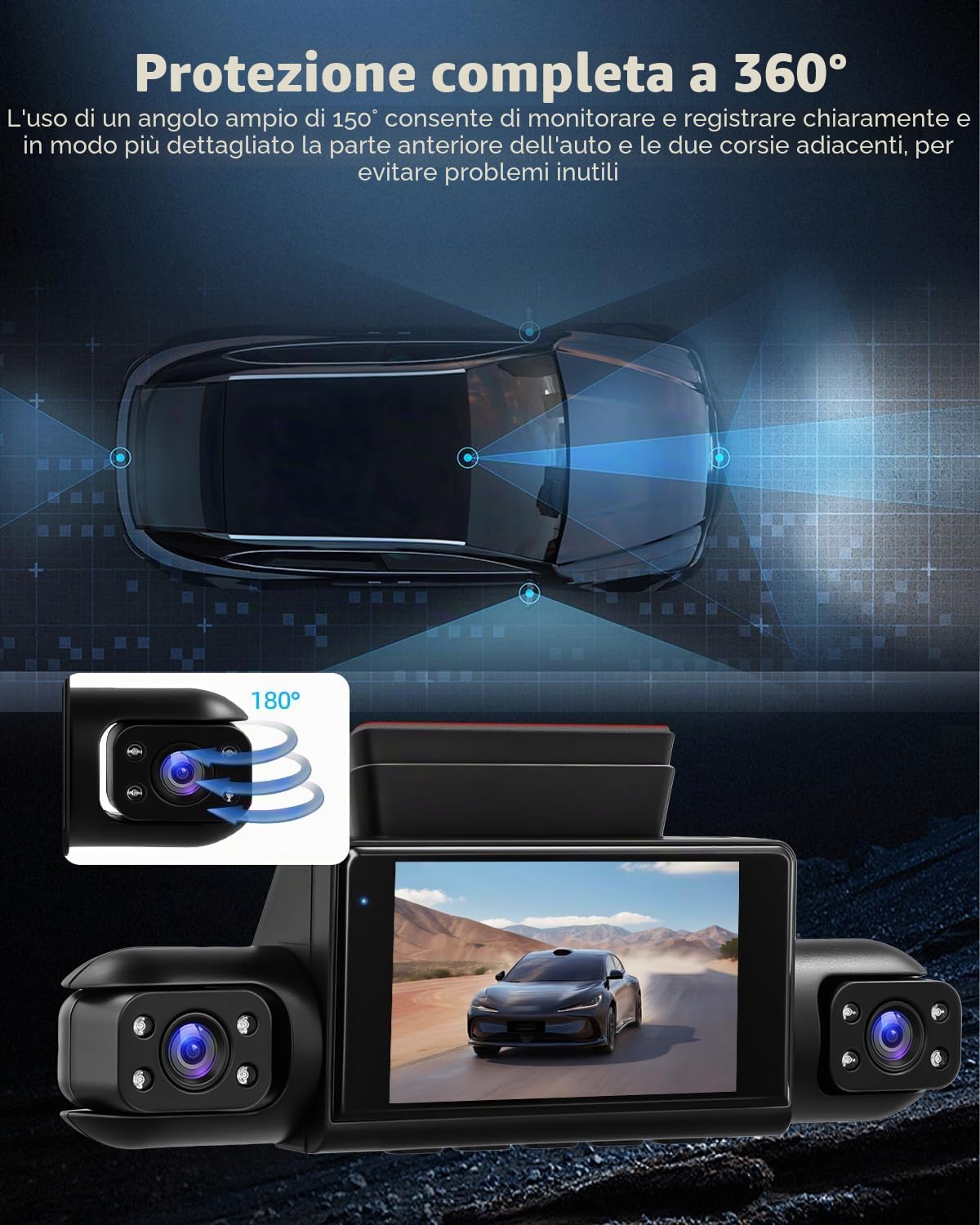 NHOPEEW Dash Cam a 4 canali anteriore e posteriore - Telecamera per auto a 360 gradi con display da 3 pollici, visione notturna IR, registrazione in loop, rilevamento del movimento + scheda TF da 64G