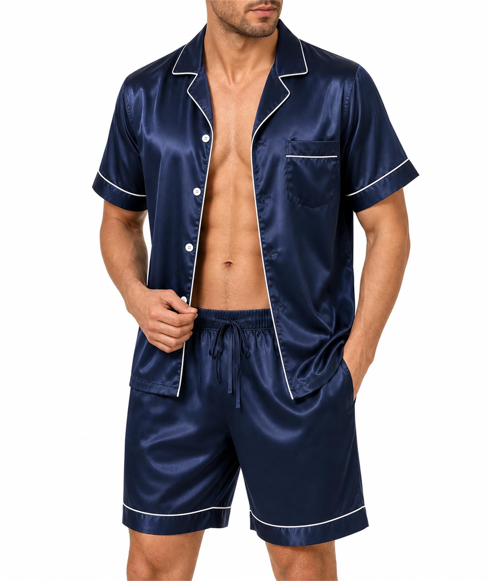 Ensemble pyjama en soie pour homme à manches courtes – Pyjama en satin, respirant et élastique, ensemble de pyjama deux pièces pour dormir et à la maison
