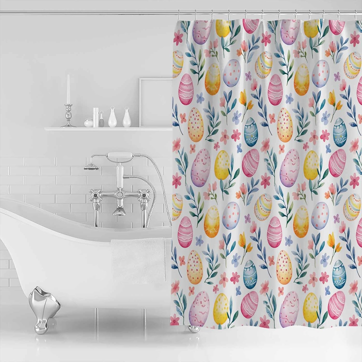 ALAGEO Easter Shower Curtain Watercolor Egg Shower Curtains for Bathroom Spring Flower Bathtub Curtains Spring Easter Decoration Set 12 Hooks Waterproof Fabric Extra Long 72" X 96"