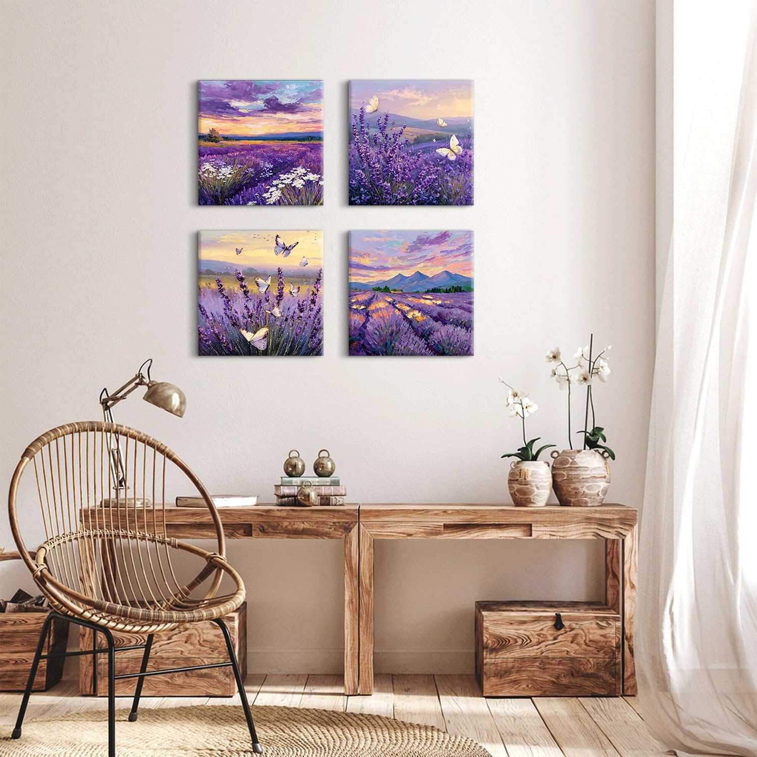 Purple Lavender Wall Art Bedroom Wall Decor Abstract Butterfly Scenery Pictures for Living Room Watercolor Sunset Forest Paintings Canvas Prints Mountain Posters Artwork Home Decoration 12x12” 4Pcs