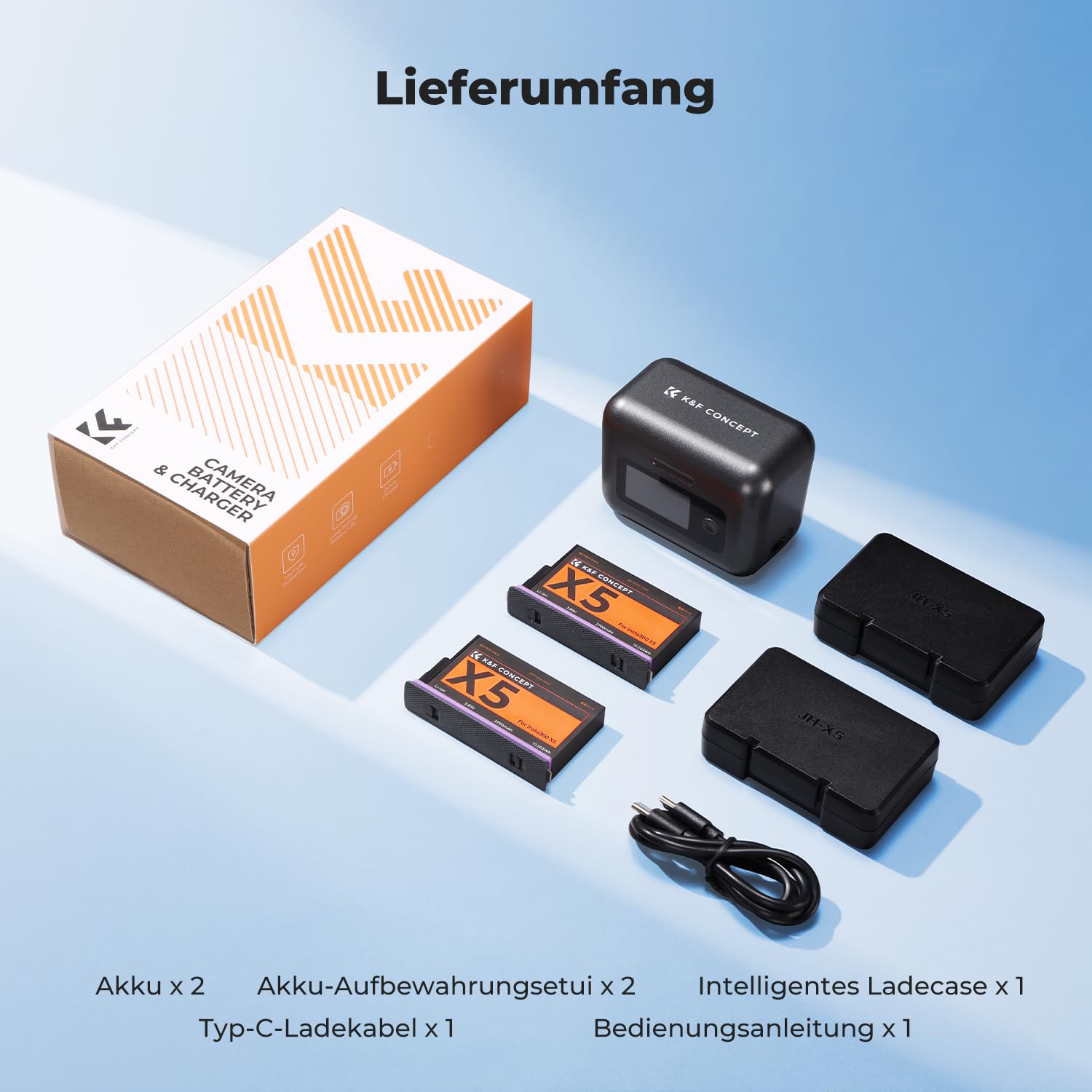 K&F CONCEPT Akku Ladegerät Set Kompatibel mit Insta360 X5, 2 Pack 2700mAh Ersatzakku und 20W Schnellladegerät Kompatibel mit Insta360 X5, Sportkamera Zubehör Ladegerät