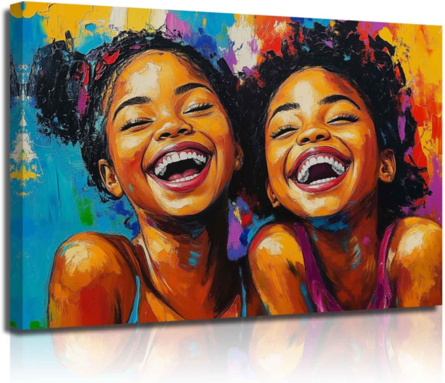 ZSHARTSWD African American Wall Art Colorful Black Girl Pictures Black Children Laughing Canvas Print Afro Little Girl Painting Girls Room Nursery Decor Frame (Brown, 12.00" x 18.00")