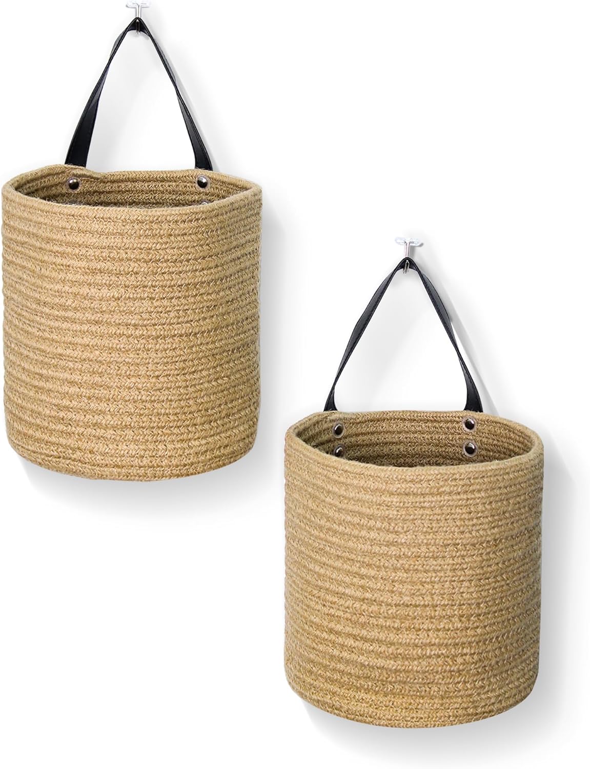 MEGASKET 2 Pack Small Hanging Wicker Baskets - Boho Wall Organizers, Indoor Plant Holders, Farmhouse Rattan Storage Bins with Leather Handles