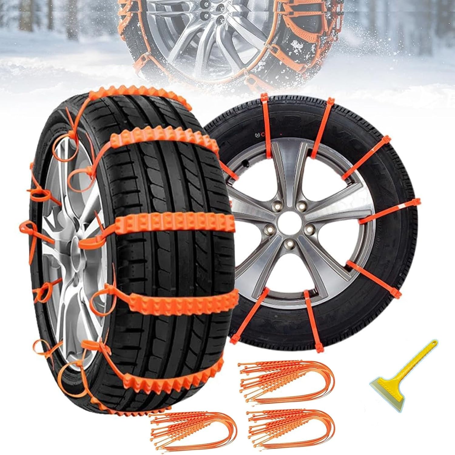 Universal Anti-Skid Snow Tire Chains, Emergency Snow Tire Chains Road-Safe Reusable for Pickup Trucks and SUVs, Snow Chains for Muddy Roads and Winter Driving(Orange,30pcs)