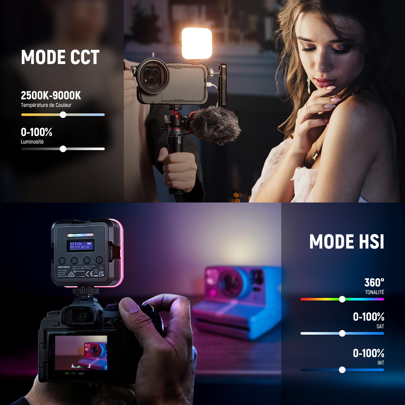 NEEWER Lampe Magnétique RGB pour Appareil Photo,360° Couleur RGB61 CRI97+ 2500-8500K 2000mAh Petit Panneau LED Portable pour Enregistrement Vidéo Streaming,3 Sabot Froid,20 Scènes,Chiffon de Nettoyage