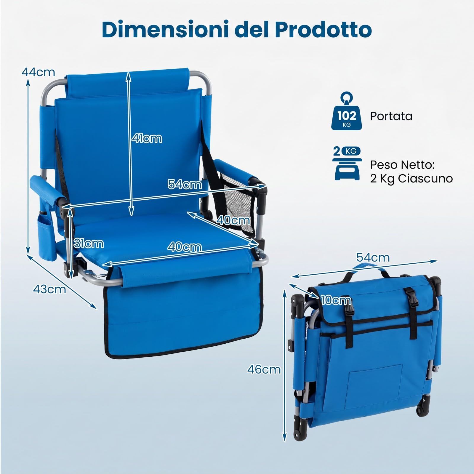 COSTWAY Sedia da Stadio Pieghevole, Sedile per Gradinata in Tessuto Oxford con Schienale, Braccioli, Cuscino Imbottito, Portabicchieri e Tasche, Sedia Portatile con Manico